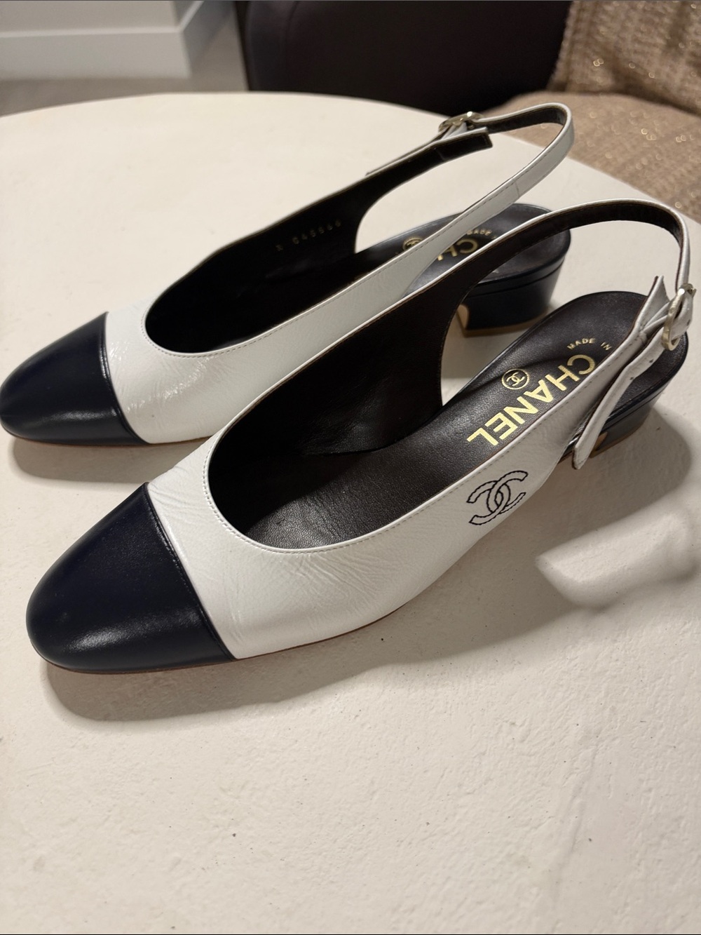 CHANEL White and navy Two-Tone Slingback Mules